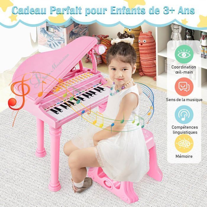 Piano infantil COSTWAY de 31 teclas con taburete, micrófono, 3 modos de enseñanza, luz LED, reproductor de MP3, 4 estilos musicales, 22 canciones, color rosa.