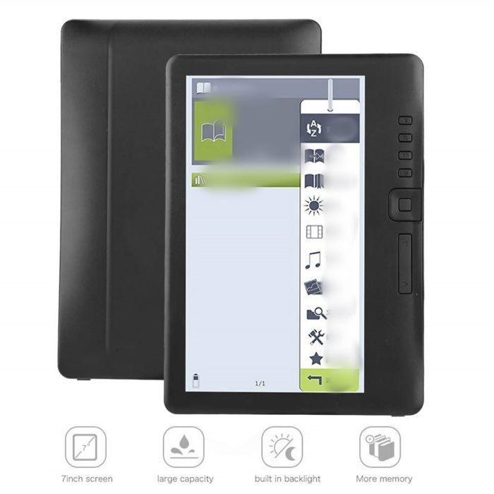 7-inch e-reader, 512MB RAM + 8GB storage, portable, multimedia apps, 2500mAh battery, black