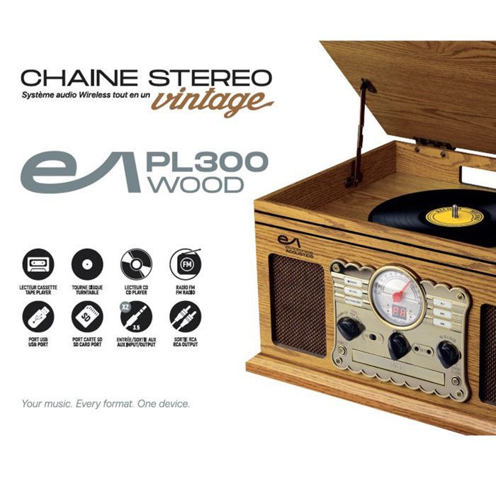 Evidence Acoustics EA-PL300-WOOD Turntable Hi-Fi System, 33/45/78 RPM Vinyl, 60W, FM Radio, CD, Cassette, BT, USB Recording, Retro Vintage LED