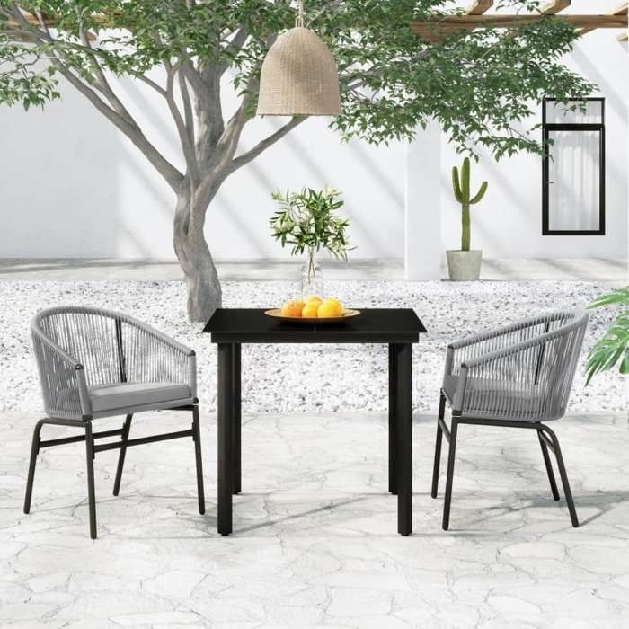 Conjunto de comedor de jardín - BURKE - 3 piezas - Gris - Mesa 80x80x74 cm - Silla 58x58x78 cm - Ratán sintético PVC