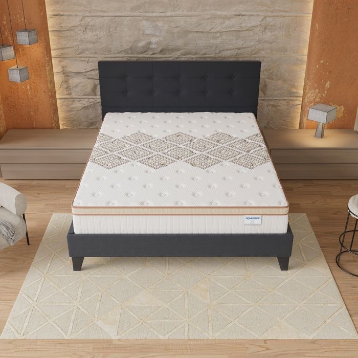 Colchón y cama (140x190cm) - Muelles ensacados Errakis de 28cm y espuma de alta densidad + Base de láminas estable y cabecero tapizado en negro
