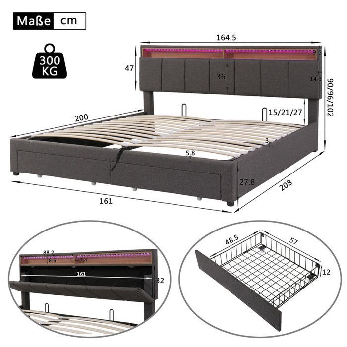 Lit coffre 160 x 200 cm,lit 2 places rangement,rangement dans la tête de lit capitonné,Lit 160x100 avec sommier,lit adulte,gris lin