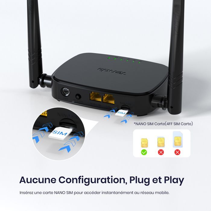 Tenda Routeur 4G LTE Wi-Fi 300 Mbps, Nano SIM Carte, Box 4G WiFi, 2 Antennes Externes, Fast Ethernet Port, Plug & Play (4G03 Pro)
