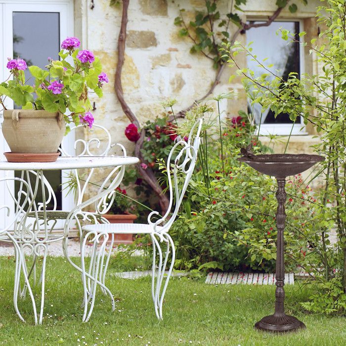 Relaxdays Bain d’oiseaux décoratif, fonte de fer, design antique, hauteur : 74,5 cm, pour le jardin, marron