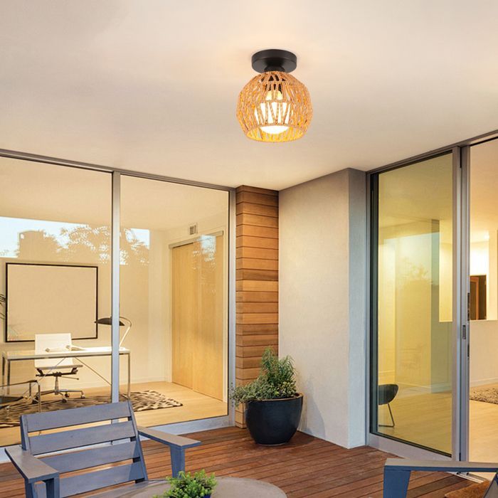 SNOGOLD Bolvormige gevlochten plafondlamp E27 Vintage armatuur Bruine touwgevlochten lampenkap, rustieke verlichting voor woonkamer en slaapkamer