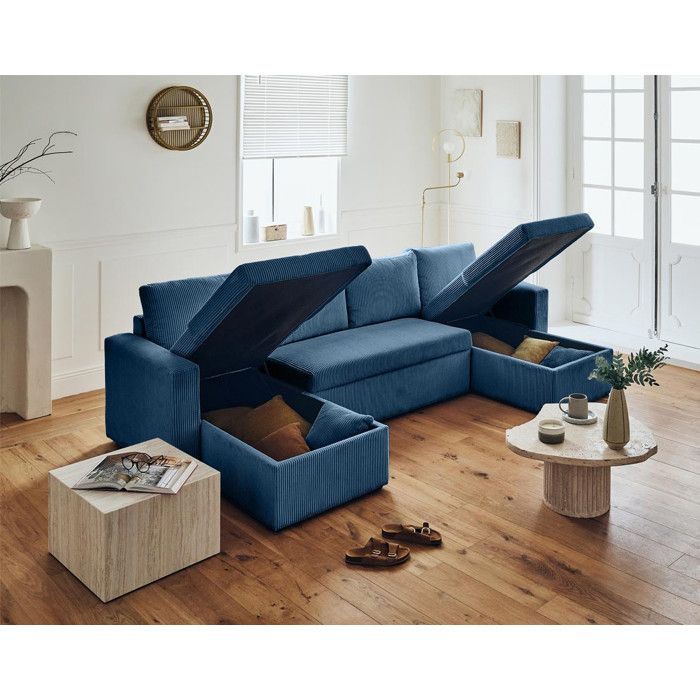 Cyrus – U-förmiges Panoramasofa – 7-Sitzer – ausziehbar mit Stauraum – in Cord – Blau