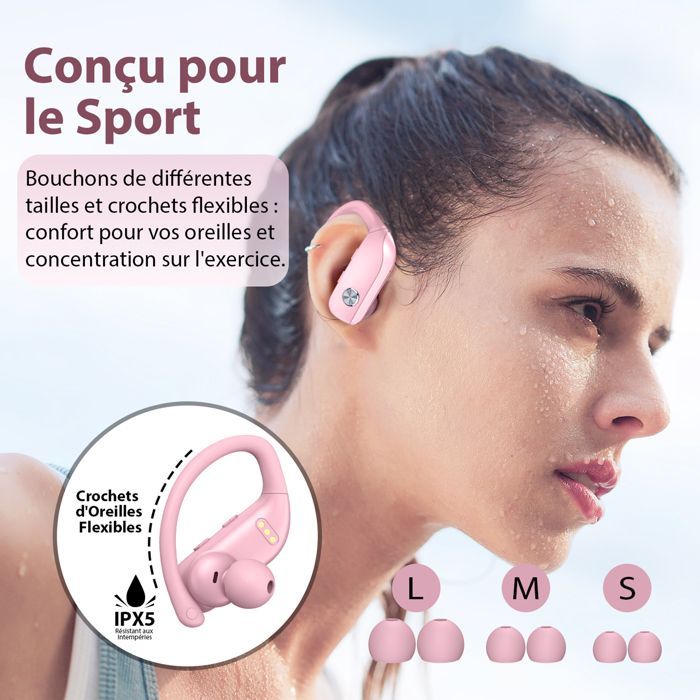 VEAOOL Wireless Bluetooth 5.1 Sport Earphones, IPX5 Waterproof, HiFi Stereo, 48-Hour Battery Life, Built-in Microphone, Pink