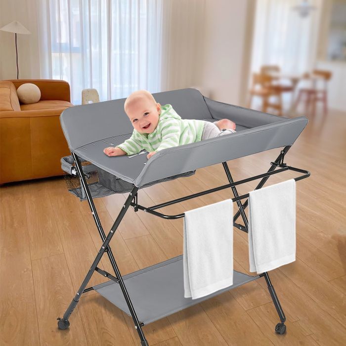 MESA - Cambiador para bebés con cesta de almacenamiento y perchero - Altura regulable - 80*66*98 cm - Gris - HUOLE.