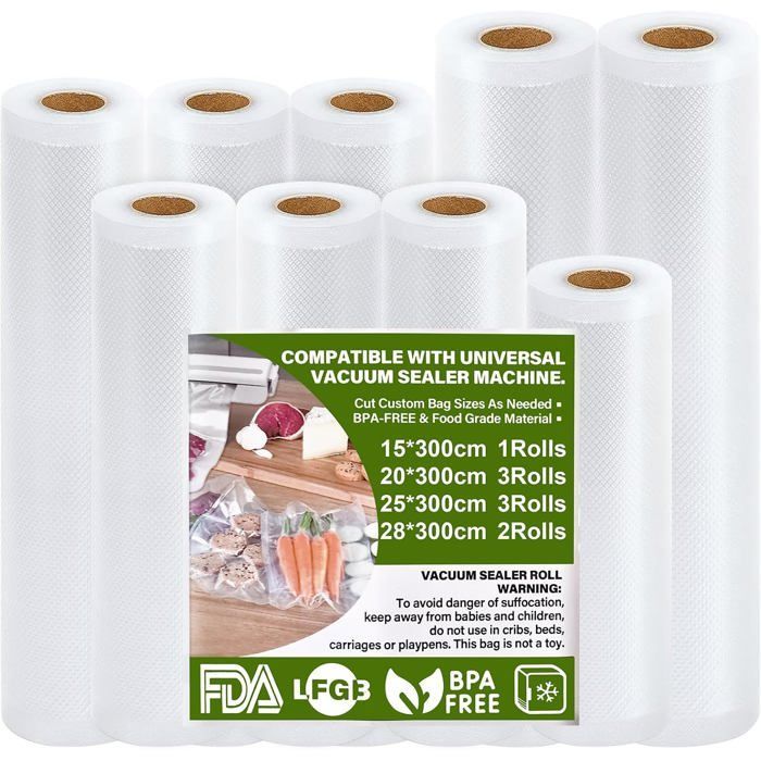 Bolsas para envasar al vacío para alimentos, 9 rollos de 15/20/25/28 x 300 cm, película resistente al desgarro sin BPA de 150 µm