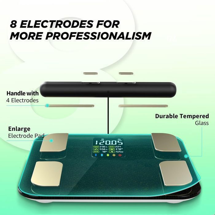 Pèse Personne Balance Connectée Avec 8 Électrodes Affichage VA 20 Données pour Andriod et iOS, Max. 180kg/400lb/28st