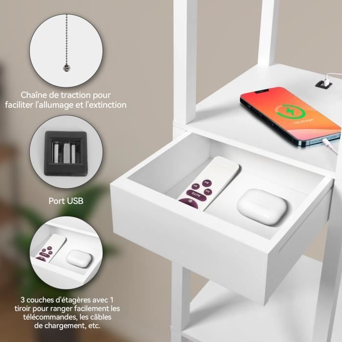 Living room floor lamp in wood with 3 shelves + light bulb + drawer + USB charging ports, white, 1.6m