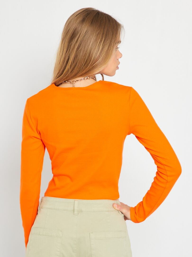 Geribbeld gebreid T-shirt met opening - oranje