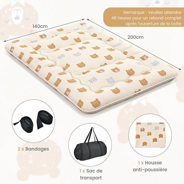 Colchón futón japonés GOPLUS para 2 personas, 140x200 cm - Cama enrollable portátil con bolsa de transporte, color marrón.