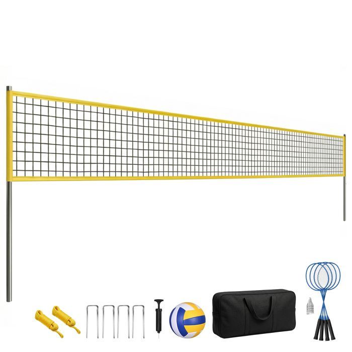 Ensemble de Volley-Ball et Badminton - SPORTNOW - Poteaux en Acier Hauteur Réglable - Raquettes et Volants - Acier - Noir