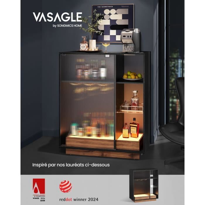 Mobile bar per vini con illuminazione - VASAGLE - Finitura in legno nero - Portabicchiere - Vetro scanalato - Soggiorno