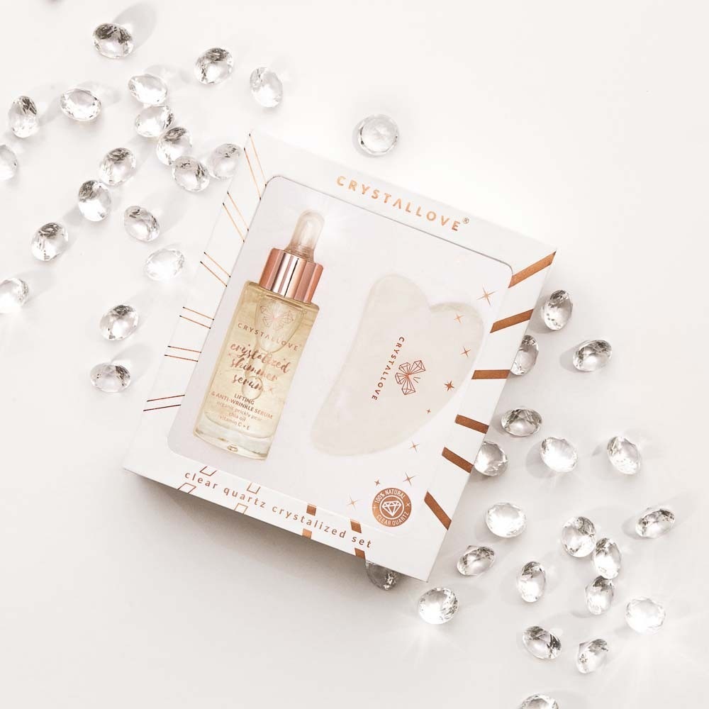 Crystallove sejas kopšanas komplekts no caurspīdīga kvarca: serums + Gua Sha – 1 gab.