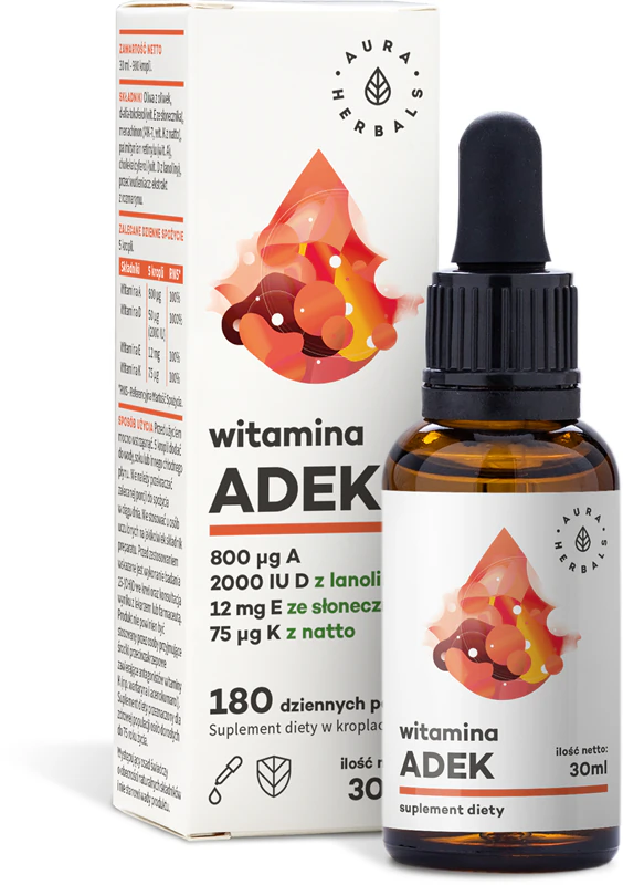 Suplemento alimentar em gotas Aura Herbals Vitamin ADEK para fortalecer o sistema imunológico.