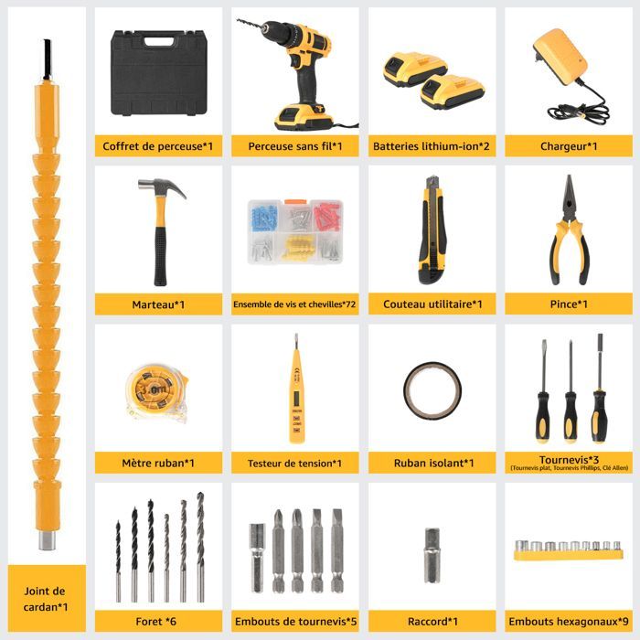 Perceuse visseuse à percussion Sans Fil 21 V - 2 batteries 1500mAh - 108 Accessoires - 25+3 modes - 2 vitesses