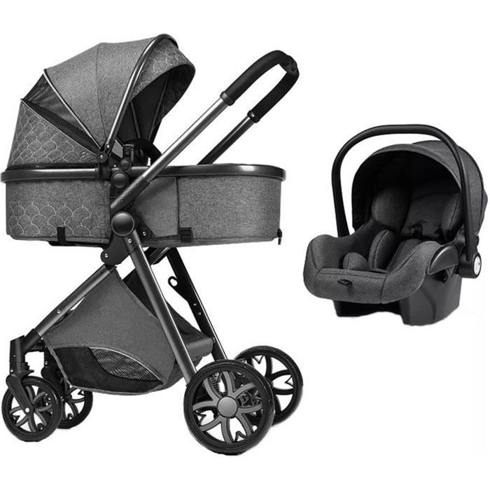 3-in-1 Kinderwagen-Kombination: Kombinierter Autositz, hohe Babywanne, wendbare, verstellbare, hochwertige, pannensichere Räder, Schiebegriff, Grau