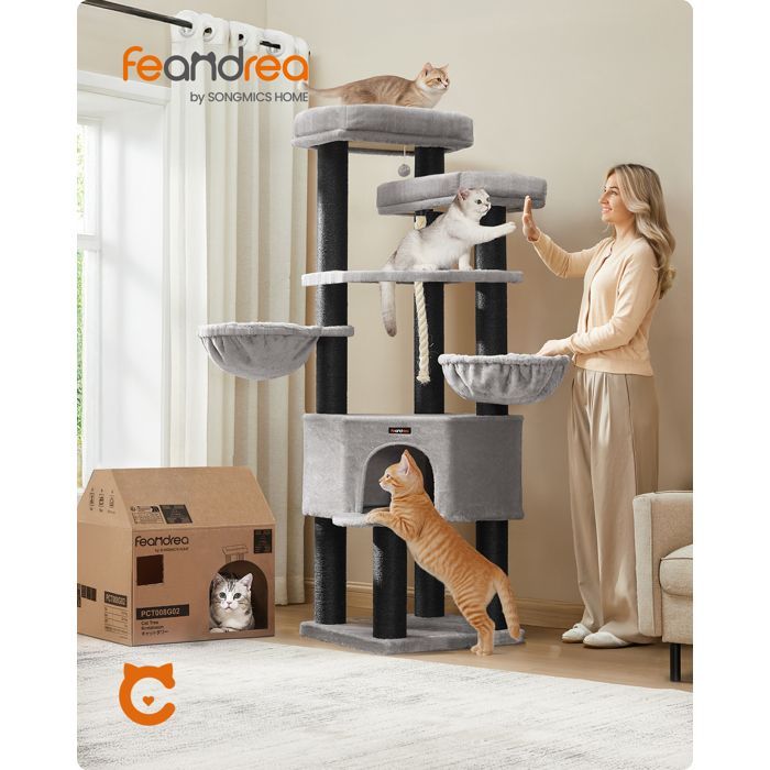 Árbol para gatos Feandrea - 186,7 cm de altura, 5 niveles y 1 plataforma - Gris y negro