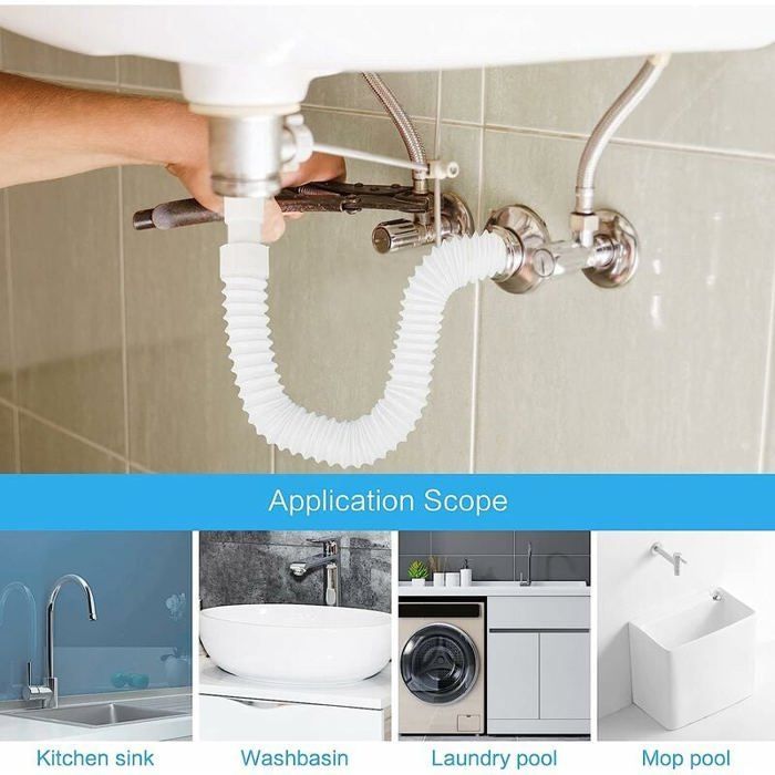 Water drain pipe, sink siphon plus 4 hose clamps. Suitable for sinks, dishwashers, and washbasins.