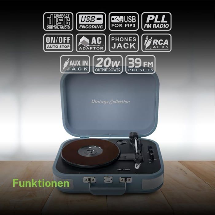 Platine Vinyle USB MT-201, Bluetooth, Haut-Parleurs Intégrés, Lecture Vinyles, Entrée Aux, Valise Portable