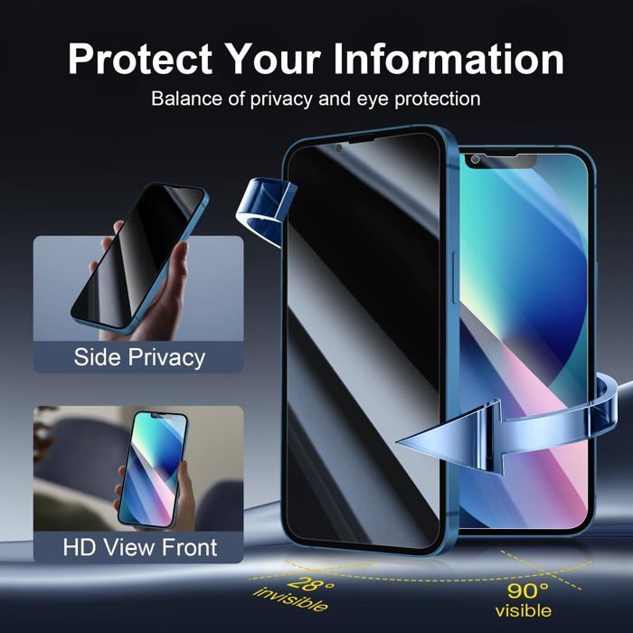 Kit de 4, 2 x Verre Trempé Anti-Espion pour iPhone 13 (6,1 Pouces) et 2 x Protection Caméra Arrière - Anti Rayures