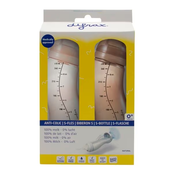 Difrax Natural 0+M S-boce, 2 pakovanja, ružičasta, siva, 2 x 250 ml