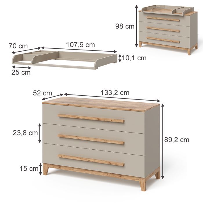 Fasciatoio Malia 133,2x98 cm con 3 cassetti Cashmere/Artisan Vitalispa 58357