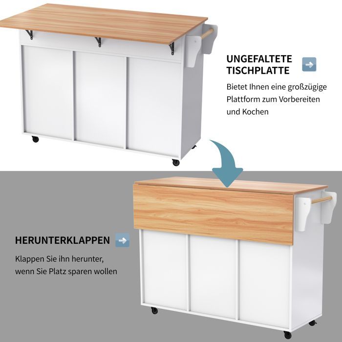 Îlot de cuisine à roulettes, avec plan de travail pliable en bois, trois portes et deux tiroirs, chariot de service/buffet, blanc
