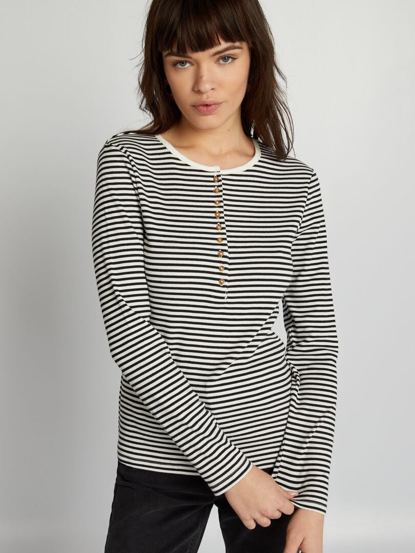 Camiseta de rayas con cuello abotonado - BLANCA