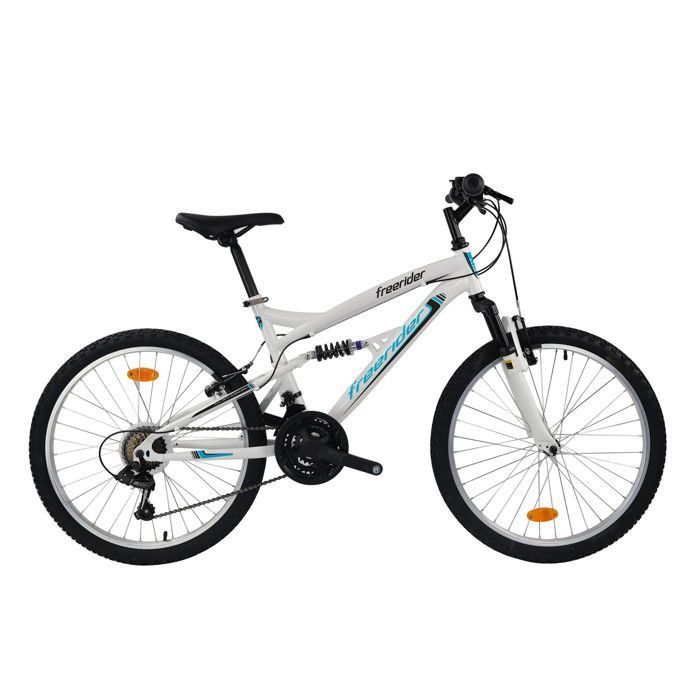 Vélo VTT 24'' Tout Suspendu équipé de 18 vitesses via un dérailleur Shimano, de Freins V-Brake et de Jantes en Aluminium