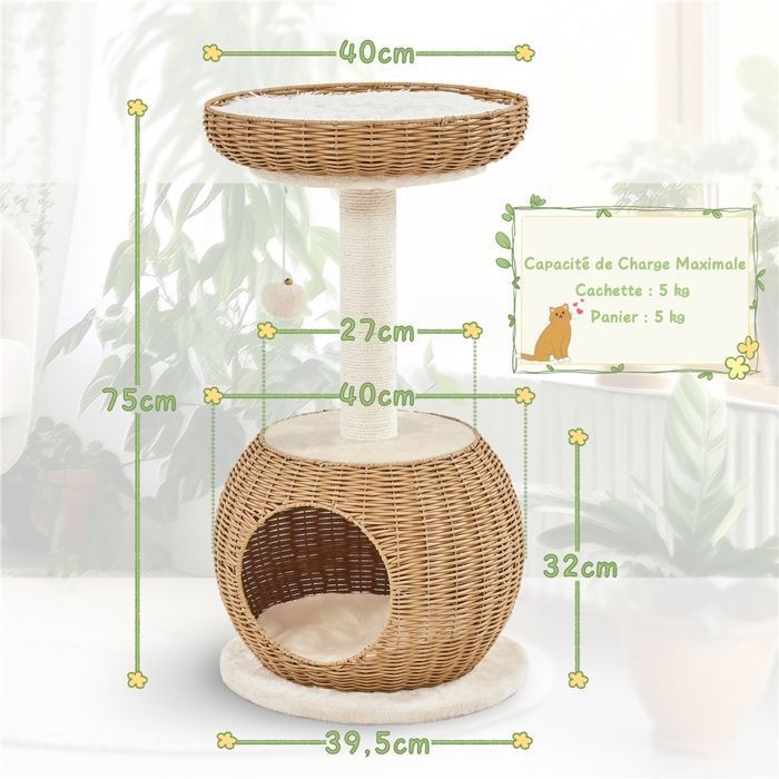 Árbol rascador de ratán para gatos YAHEETECH - Diseño moderno con escondite y poste rascador de sisal - 75 cm
