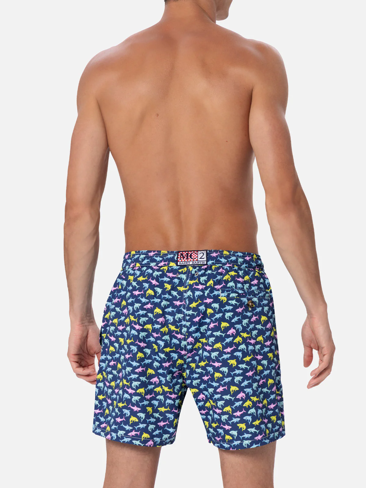 Mid-Length zwemshorts voor heren | Meerkleurige haaienprint, sneldrogend, comfortabele elastische tailleband | MC2 Saint Barth