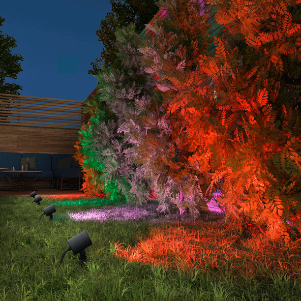 Smarte LED-Gartenspots Flores Gen2, branco + colorido, conjunto com 3 unidades