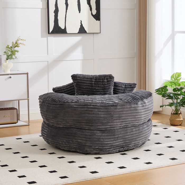 Pouf poire confortable avec trois coussins 108 x 108 x 52 cm Lazy Canapé pour salon, chambre Fauteuil Velours côtelé Gris foncé