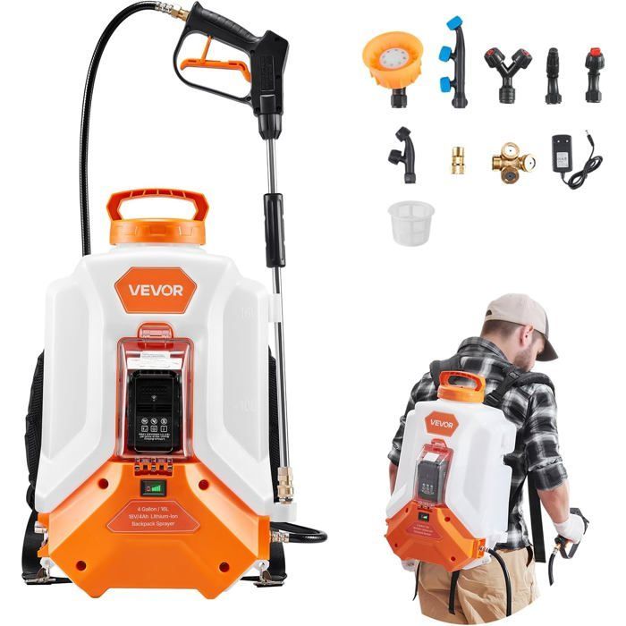 VEVOR Pulverisateur a Dos Electrique a Batterie 16 L, Reglable 0-6,2 Bar, avec 2 Lances, 8 Buses, Batterie 21 V 4 Ah, Pulverisateur