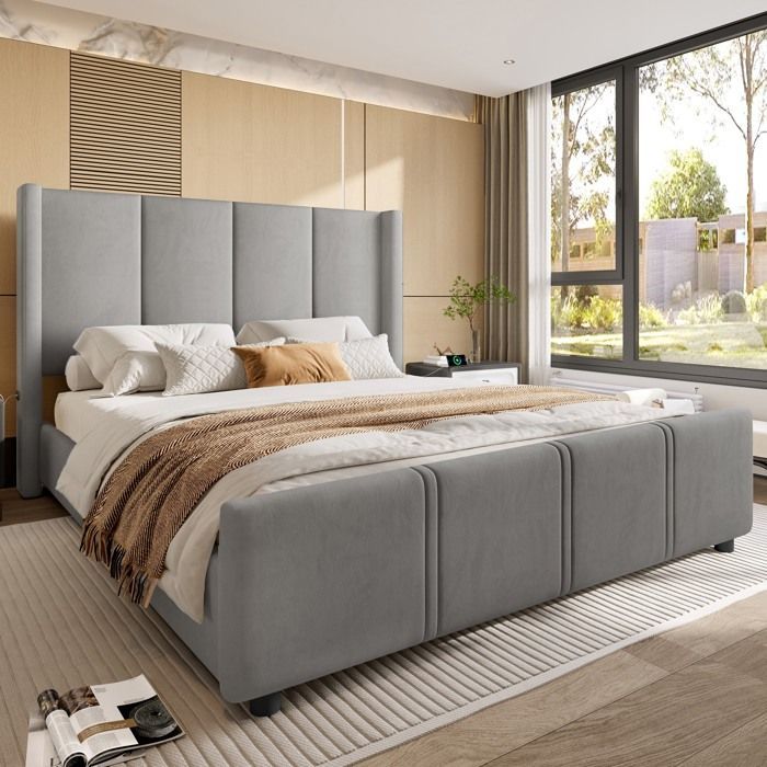 Cama doble tapizada de 160 x 200 cm, cama adulta con cabecero alto, puertos USB y somier de láminas - gris
