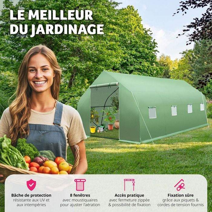 Serre de jardin - TECTAKE - Serre tunnel 27 m³ avec 8 fenêtres bâche résistante au gel et aux UVs 600 x 300 x 205 cm