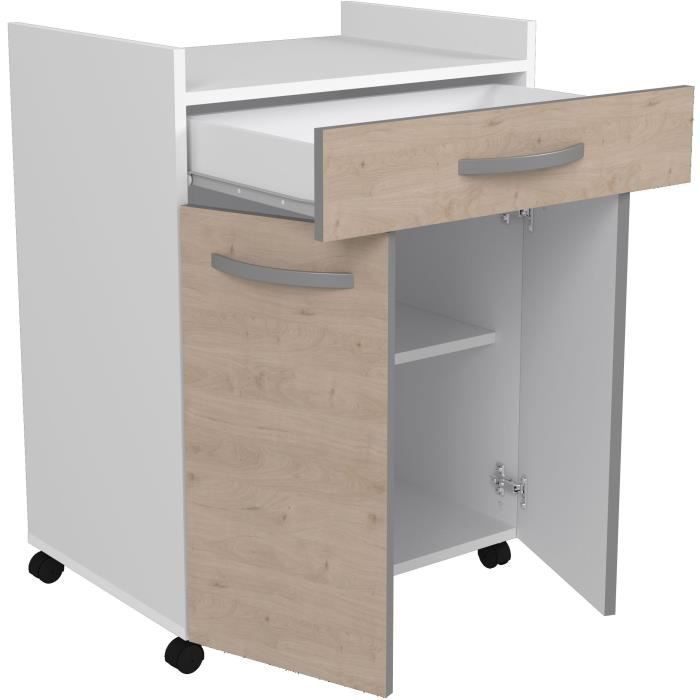 Carrito de servicio OSLO, 60 cm - 1 cajón y 1 puerta - Ancho 60 x Profundidad 44 x Alto 81 cm - Acabado en roble
