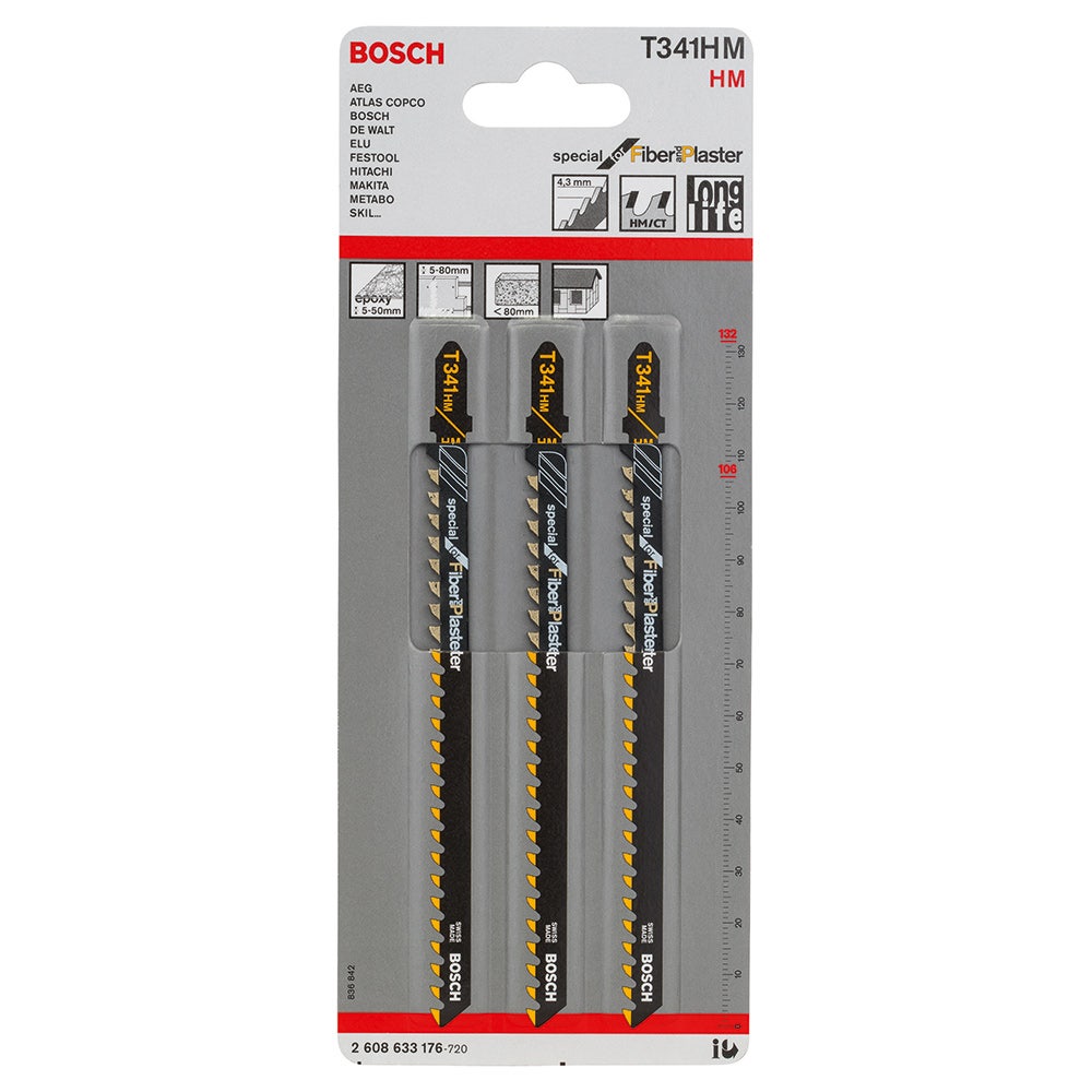 BOSCH T-skaft stikksagblad, TCT fibersement, 132 mm, 3 deler, T341HM