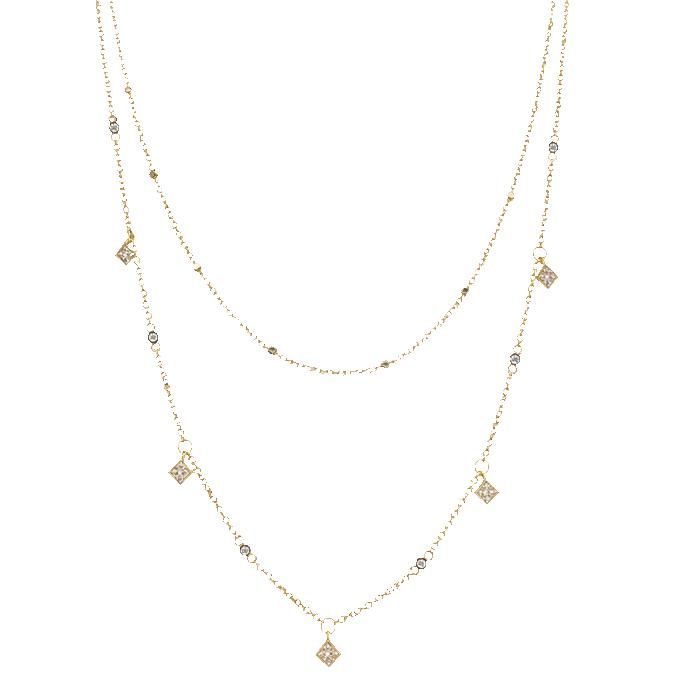 Collana da donna a più fili, placcata in oro 18 carati, doppia catena, pietre di zirconi cubici, 38-45 cm + 5 cm, gioiello con punzone, lussuoso ed elegante