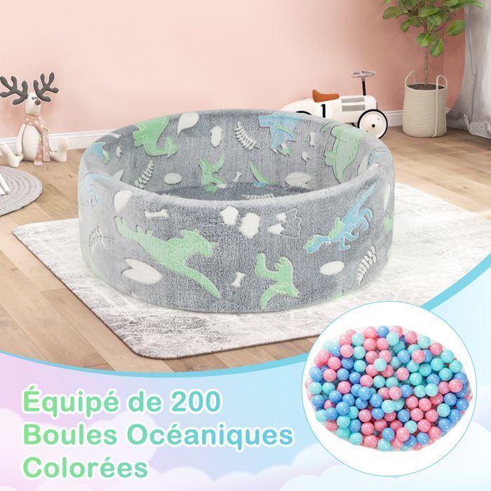 DREAMADE 86 x 30 cm Baby-Bällebad, rundes, im Dunkeln leuchtendes Bällebad mit 200 bunten Ozeanbällen, Grau