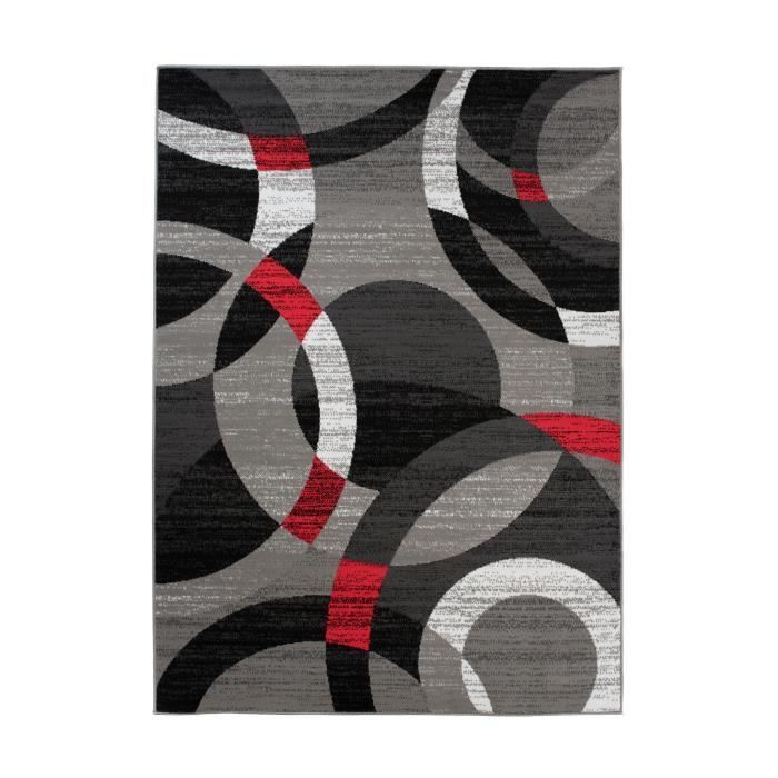 TAPISO Maya Short Pile Living Room Rug, Grey, Black, Red Circles, Polypropylene, Indoor, 140x200 cm