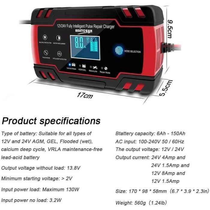 Cargador de batería para coche con pantalla táctil inteligente 3T6B, 12V/4A, 24V, pantalla LCD con múltiples protecciones.