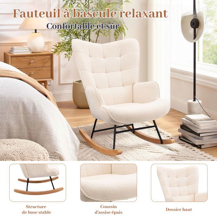 Fauteuil à bascule - SOMUBI - Beige - Bois massif - Cadre en métal - Dossier haut et rembourré