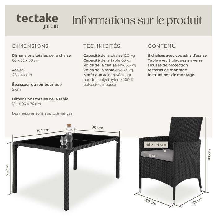 Salon de jardin - TECTAKE - Ensemble détente repas d'extérieur PORTO 6 personnes encastrable et résistant aux UVs - Noir/Gris