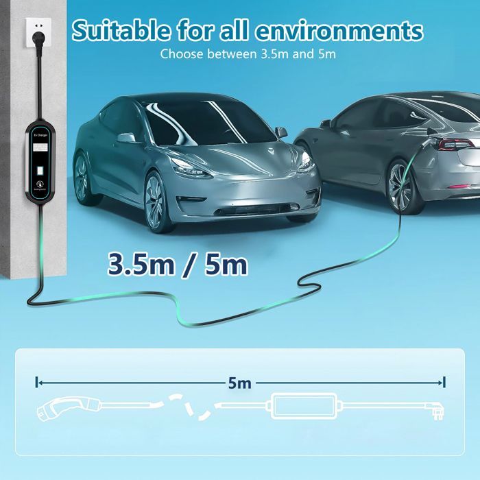 Cargador para coches eléctricos, 3,5 kW 16 A – corriente ajustable 8 A/10 A/13 A/16 A, con función de carga programable, color negro.