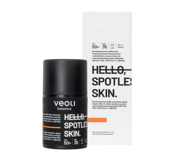 Veoli Botanica Hello, Spotless Skin szerokopasmowy lekki krem ochronny SPF50  z 1% ekstraktem z morwy białej i tetraizopalmitynianem askorbylu 50 ml