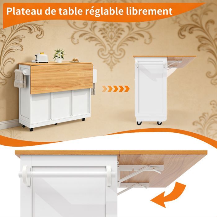 Kitchen Island - GENERIC - 140x70x93.5 cm - Extendable Top - 360° Wheels (2 with brakes) - Integrated Storage
